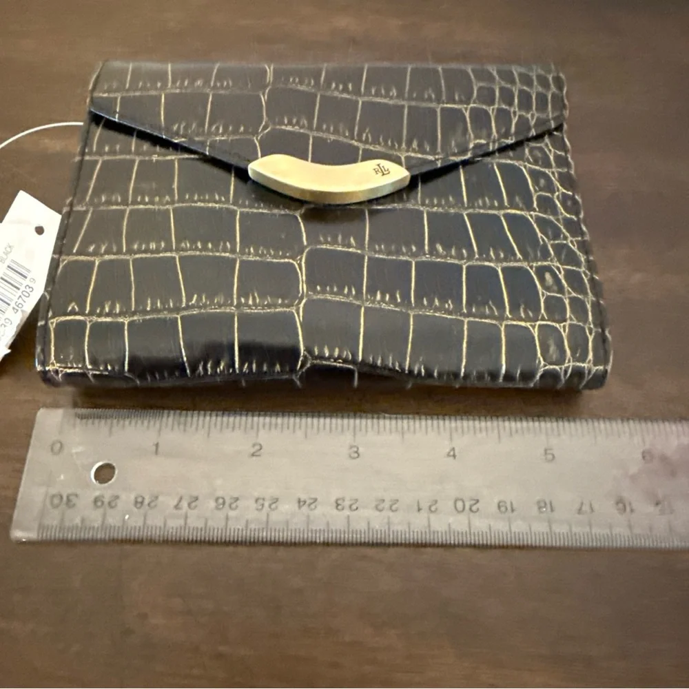NWT Vintage Lauren Ralph Lauren Croc Embossed Wallet W Golden Hardware Black - Picture 7 of 8